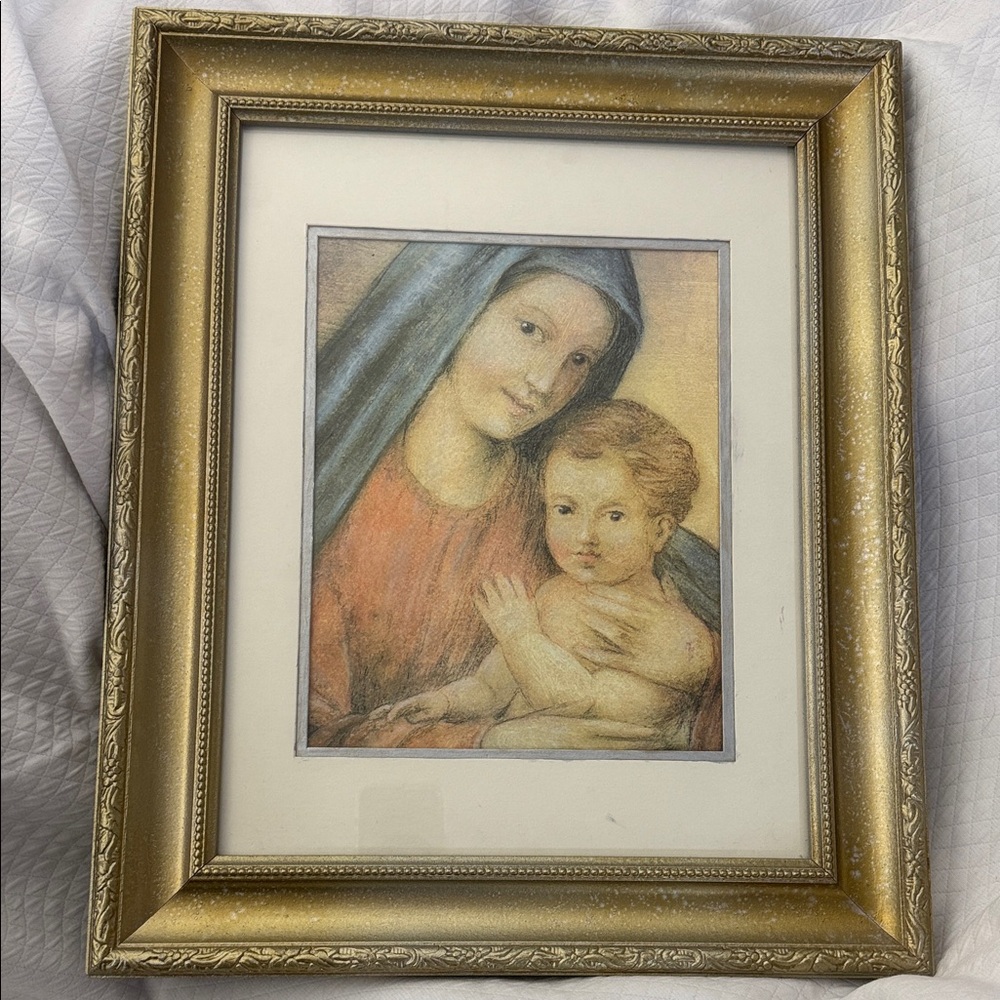 Framed Vintage Religious Artwork Print Madonna & Child. Gold frame 17x14 inches